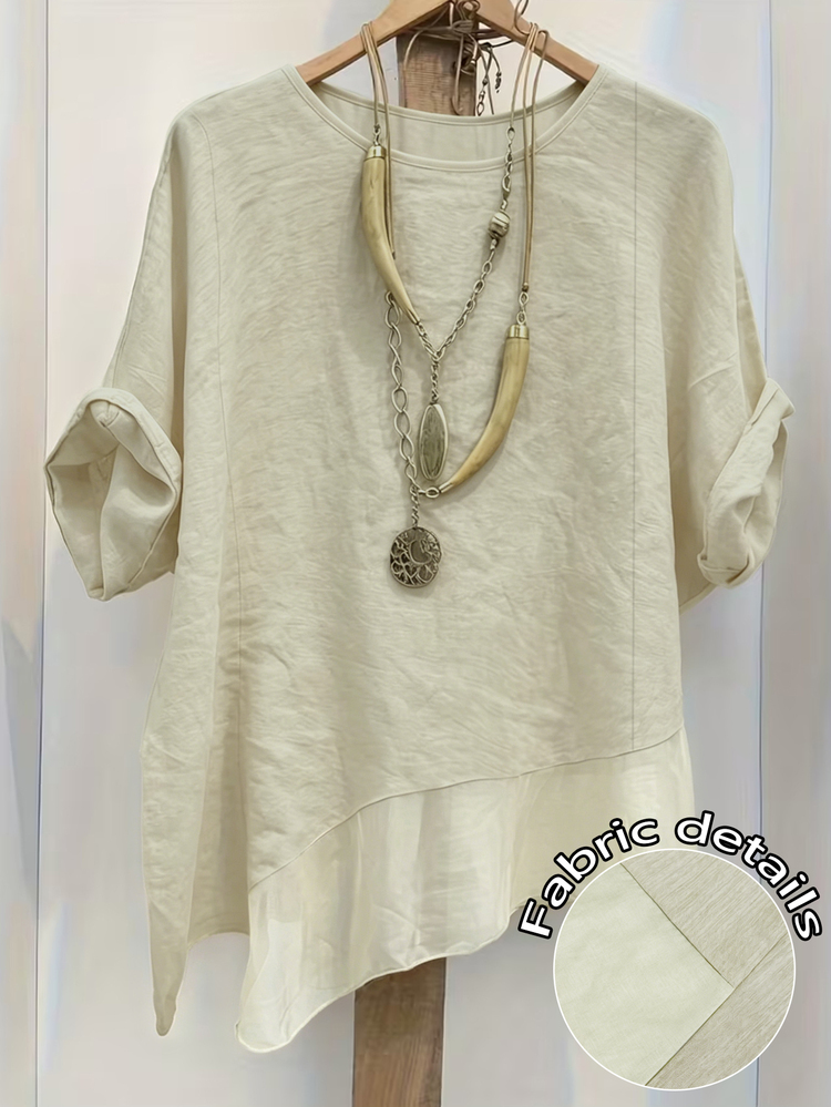 Linhara Spring/Summer Fashion Casual Resort Wear Simple Plus Size Crew Neck Solid Color Women's Shirt Plus Size Women's Beach Top - Apricot - View 1