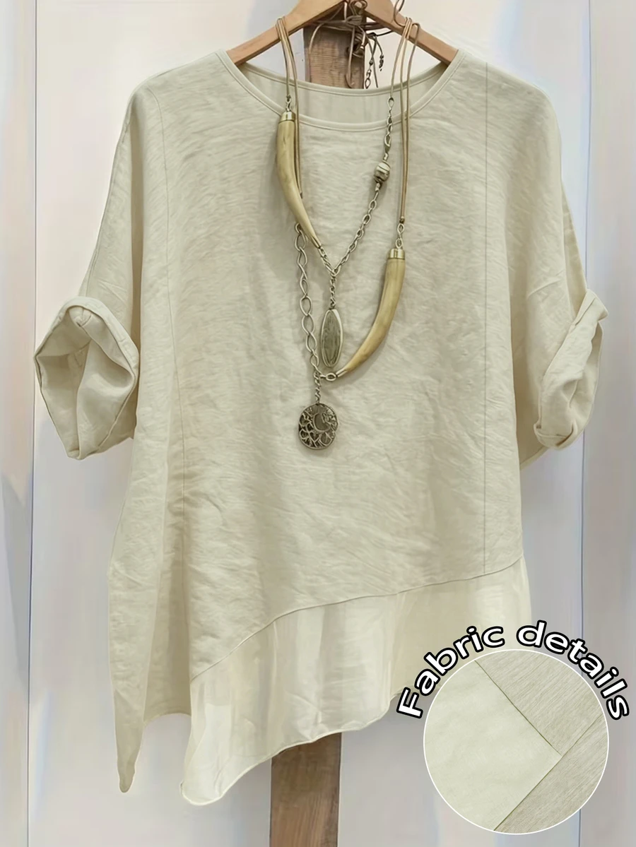Linhara Spring/Summer Fashion Casual Resort Wear Simple Plus Size Crew Neck Solid Color Women's Shirt Plus Size Women's Beach Top - Apricot - View 1