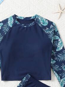 SHEIN Girlism 青少年女孩插肩袖热带植物印花比基尼和短裤两件套泳衣 - 藏蓝色 - 查看 6