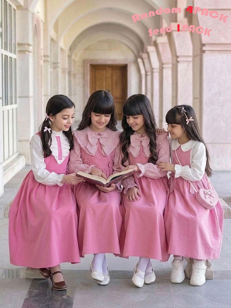SHEIN 兒童青少年女孩立領拼色百褶休閒日常秋季洋裝 返校季 粉色荷葉邊優雅校服加厚款 - 彩色 - 查看 1
