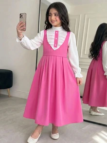 SHEIN 兒童青少年女孩立領拼色百褶休閒日常秋季洋裝 返校季 粉色荷葉邊優雅校服加厚款 - 彩色 - 查看 3