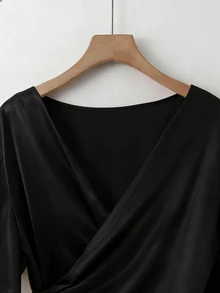 Franclia Elegant Satin Blouse, Short Sleeve Blouse, V-Neck Blouse, Everyday Blouse - Black - View 3