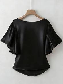 Franclia Elegant Satin Blouse, Short Sleeve Blouse, V-Neck Blouse, Everyday Blouse - Black - View 2