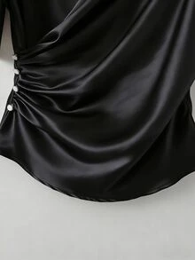 Franclia Elegant Satin Blouse, Short Sleeve Blouse, V-Neck Blouse, Everyday Blouse - Black - View 5