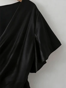 Franclia Elegant Satin Blouse, Short Sleeve Blouse, V-Neck Blouse, Everyday Blouse - Black - View 6