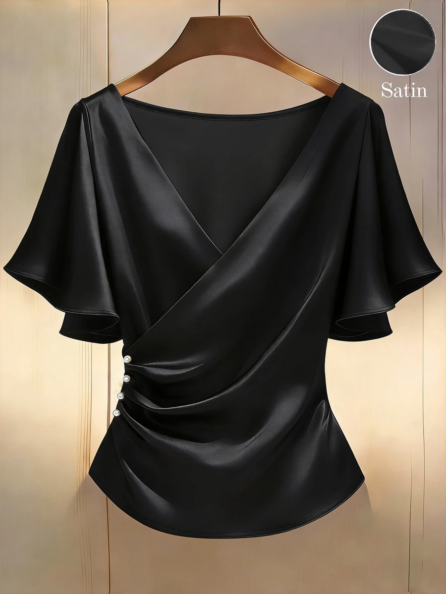 Franclia Elegant Satin Blouse, Short Sleeve Blouse, V-Neck Blouse, Everyday Blouse - Black - View 1