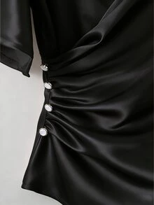 Franclia Elegant Satin Blouse, Short Sleeve Blouse, V-Neck Blouse, Everyday Blouse - Black - View 7