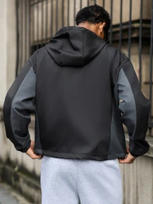 Major Grit 男士時尚字母印花拉鍊半開襟長袖連帽抽繩夾克 - 黑色 - 查看 2