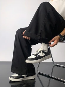 SHEIN 青少年/男孩 Toothpick Fold 冬季長褲 素色寬腿鬆垮運動褲 秋季黑色 戶外運動沙灘夏季街頭風 - 黑色 - 查看 3