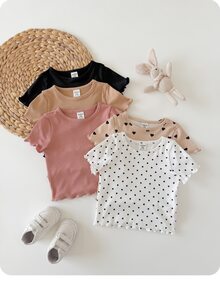 SHEIN 5pcs Baby Girl Solid Color Heart Pattern Knitted Casual T-Shirt Set - Multicolor - View 7