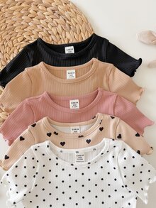 SHEIN 5pcs Baby Girl Solid Color Heart Pattern Knitted Casual T-Shirt Set - Multicolor - View 6