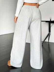 SHEIN Tall CURVE 大码休闲抽绳腰宽松直筒针织裤 - 灰色 - 查看 2