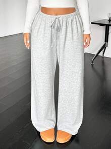 SHEIN Tall CURVE 大码休闲抽绳腰宽松直筒针织裤 - 灰色 - 查看 1