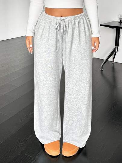 SHEIN Tall CURVE 大码休闲抽绳腰宽松直筒针织裤
