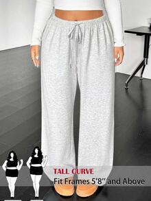 SHEIN Tall CURVE 大码休闲抽绳腰宽松直筒针织裤 - 灰色 - 查看 7