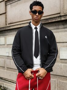 Major Grit Men's Contrast Color Striped Long Sleeve Casual Jacket - Black - View 3