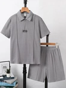 SHEIN 兒童小男孩休閒寬鬆灰色紋理華夫格面料翻領短袖 Polo T恤與短褲 2 件套，適合春、夏、秋季 - 灰色 - 查看 6