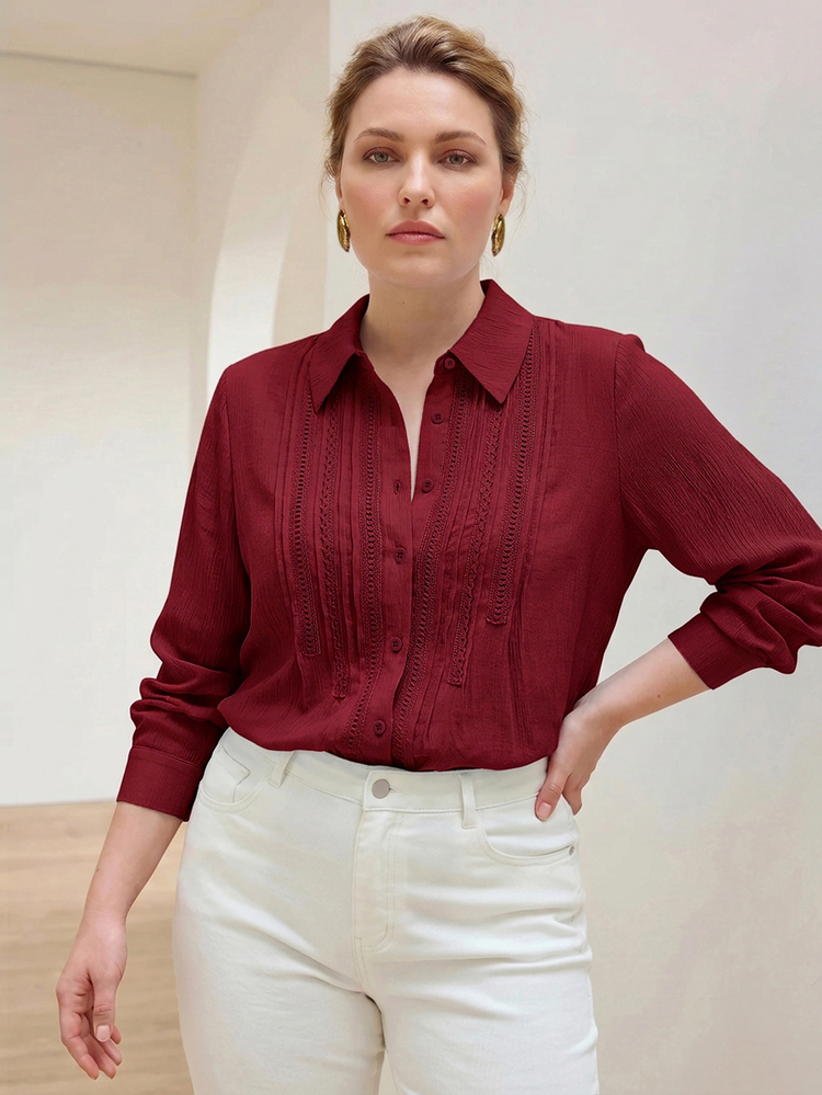 MOTF PREMIUM PLUS SIZE WOMEN'S BOHO ROMANTIC LACE INSERT LONG SLEEVE BLOUSE FOR VACATION FALL - Red - View 1
