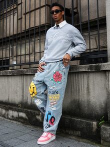 Major Grit 男士 INS 配套“爱在哪里？”休闲街头风宽松套头衫卫衣 - 淺灰色 - 查看 4