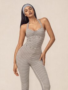 SHEIN BAE Women White Black Stripe Backless Cross Back Athletic Jumpsuit Gym Workout Training Running Yoga Sports Bodysuit - Khaki - View 9