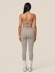 SHEIN BAE Women White Black Stripe Backless Cross Back Athletic Jumpsuit Gym Workout Training Running Yoga Sports Bodysuit - Khaki - View 5