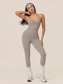 SHEIN BAE Women White Black Stripe Backless Cross Back Athletic Jumpsuit Gym Workout Training Running Yoga Sports Bodysuit - Khaki - View 3