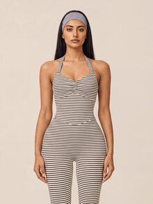 SHEIN BAE Women White Black Stripe Backless Cross Back Athletic Jumpsuit Gym Workout Training Running Yoga Sports Bodysuit - Khaki - View 7