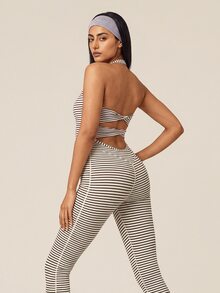 SHEIN BAE Women White Black Stripe Backless Cross Back Athletic Jumpsuit Gym Workout Training Running Yoga Sports Bodysuit - Khaki - View 6