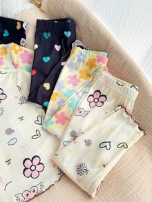 Dozemod 女嬰 6件組 柔軟可愛花卉愛心圖案內搭褲與睡衣套裝，夏季黑色花女孩度假休閒款 - 彩色 - 查看 3