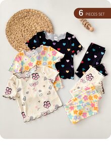 Dozemod 女嬰 6件組 柔軟可愛花卉愛心圖案內搭褲與睡衣套裝，夏季黑色花女孩度假休閒款 - 彩色 - 查看 1
