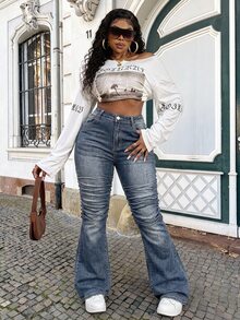 Dripcurv Plus Size Casual Washed Flare Jeans - Dark Wash - View 3