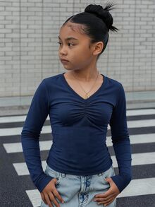 SHEIN Tween Girls Boat Neck Solid Color T-Shirts, Elegant, Sporty, Yoga, Base Layer - Navy Blue - View 2