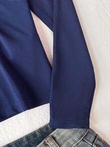 SHEIN Tween Girls Boat Neck Solid Color T-Shirts, Elegant, Sporty, Yoga, Base Layer - Navy Blue - View 5