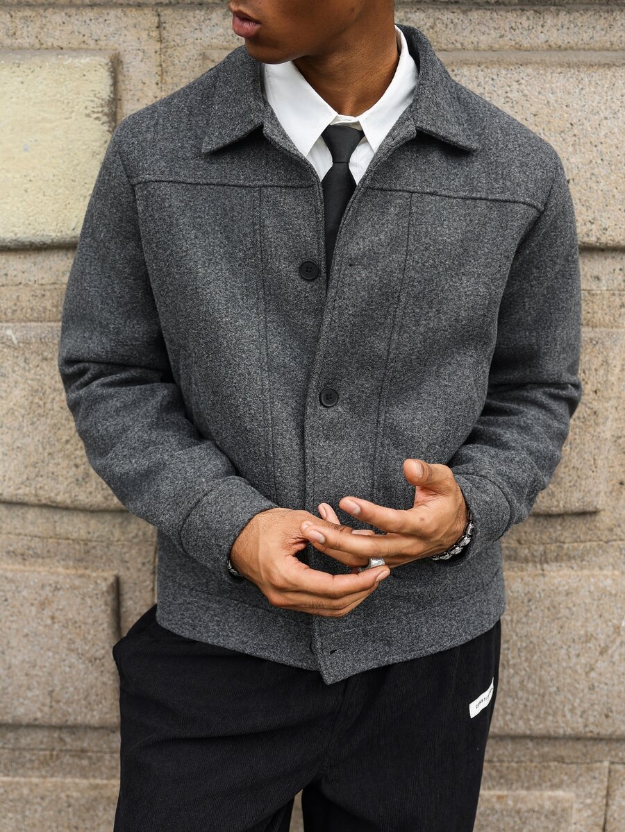 Major Grit Men's Long Sleeve Fashionable Woolen Short Overcoat, Autumn/Winter - Dark Grey - View 1