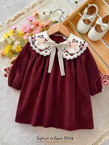 LMoss Kids Baby Girl Woven Colorblock Peter Pan Collar Embroidered Dress - Red and White - View 4