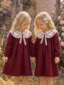 LMoss Kids Baby Girl Woven Colorblock Peter Pan Collar Embroidered Dress - Red and White - View 6