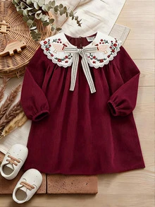 LMoss Kids Baby Girl Woven Colorblock Peter Pan Collar Embroidered Dress - Red and White - View 1