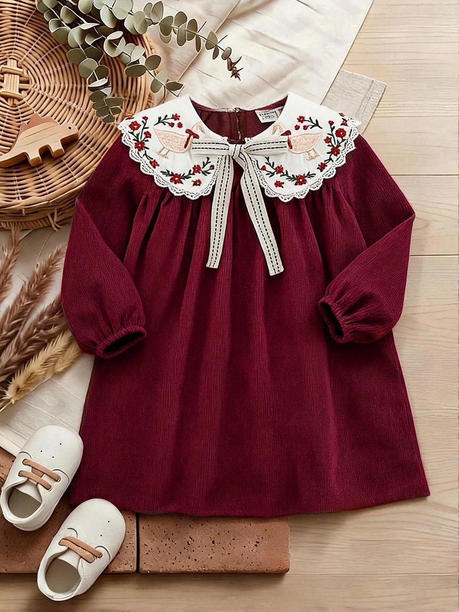 LMoss Kids Baby Girl Woven Colorblock Peter Pan Collar Embroidered Dress - Red and White - View 1