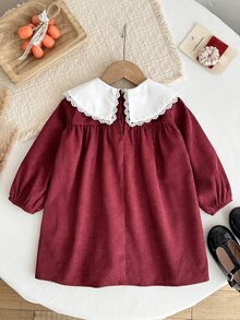 LMoss Kids Baby Girl Woven Colorblock Peter Pan Collar Embroidered Dress - Red and White - View 2