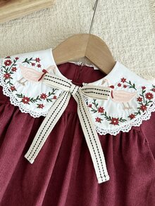 LMoss Kids Baby Girl Woven Colorblock Peter Pan Collar Embroidered Dress - Red and White - View 3
