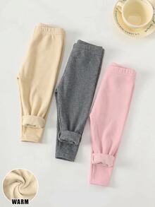 SHEIN Babygirl Cute Casual Knit Solid Color Elastic Waist Winter Pants 3pcs -Piece (Random 10 Piece, Send 3 Piece) - Multicolor - View 3