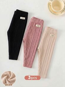SHEIN Babygirl Cute Casual Versatile Minimalist Solid Color Elastic Waist Long Pants 3pcs Set - Multicolor - View 3