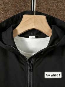 SHEIN Explorewe 返校季 2件組男童休閒套裝，半拉鍊連帽長袖夾克配白色飾邊與寬/窄織帶，以及 3D 貨物口袋梭織長褲配側面白色寬織帶與鬆緊腰，男童夏季套裝，男童長袖長褲套裝，男童服飾，男童套裝 - 黑色 - 查看 7