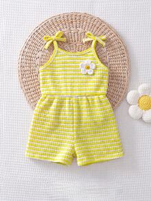SHEIN Baby Girl Stripe Knit Soft Romper - Yellow - View 1