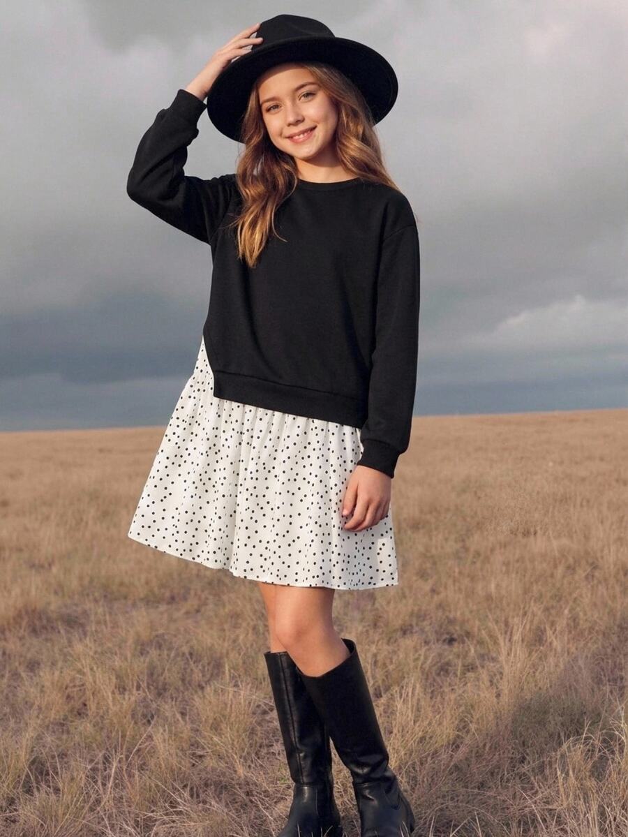 SHEIN 青少年女孩秋冬可愛拼色長袖洋裝,校服洋裝,衛衣洋裝 - 黑與白 - 查看 1