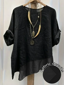 Linhara Spring/Summer Fashion Casual Resort Wear Simple Plus Size Crew Neck Solid Color Women's Shirt Plus Size Women's Beach Top - Black - View 1