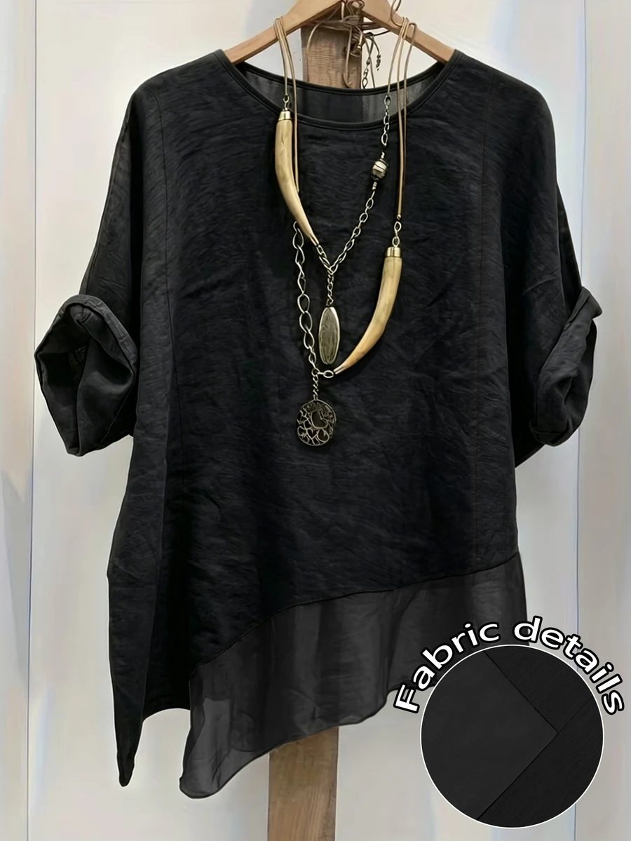 Linhara Spring/Summer Fashion Casual Resort Wear Simple Plus Size Crew Neck Solid Color Women's Shirt Plus Size Women's Beach Top - Black - View 1