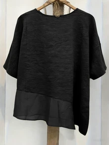 Linhara Spring/Summer Fashion Casual Resort Wear Simple Plus Size Crew Neck Solid Color Women's Shirt Plus Size Women's Beach Top - Black - View 2
