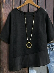Linhara Spring/Summer Fashion Casual Resort Wear Simple Plus Size Crew Neck Solid Color Women's Shirt Plus Size Women's Beach Top - Black - View 4