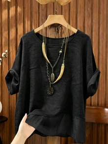 Linhara Spring/Summer Fashion Casual Resort Wear Simple Plus Size Crew Neck Solid Color Women's Shirt Plus Size Women's Beach Top - Black - View 3